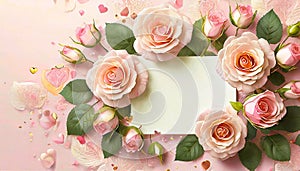 Valentine\'s day background with peach-rose colored roses and a blank card. Top view