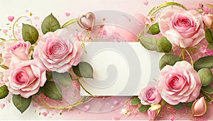 Valentine\'s day background with peach-rose colored roses and a blank card. Top view