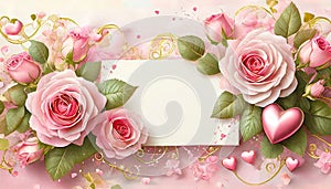Valentine\'s day background with peach-rose colored roses and a blank card. Top view