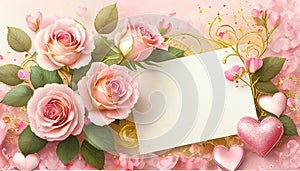 Valentine\'s day background with peach-rose colored roses and a blank card. Top view