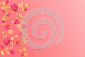 Valentine`s Day background. Pink flowers and gold hearts