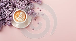 Valentine`s Day background. Pink flowers, plaid, cup of coffee on pink background. Valentines day concept. Flat lay, top view,