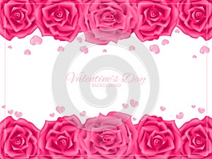 Valentine`s Day background of pink rose frame with tiny pink heart on white background with copy space.