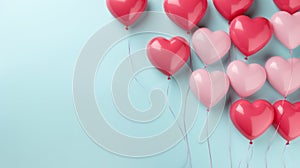Valentine's day background with pink heart shaped balloons on blue background Red satin bow isolated on white