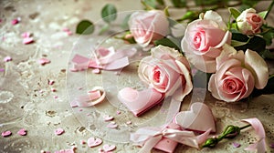 Valentine's Day background with pink roses, bow, and hearts made of paper