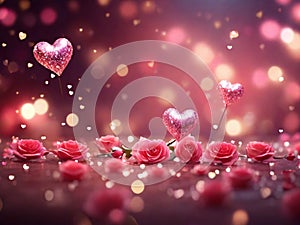 Valentine\'s day background with pink roses and heart shaped balloons