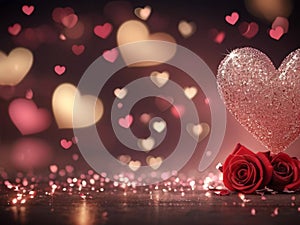 Valentine\'s day background with pink roses and heart shaped balloons