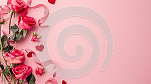 Valentine\'s Day background with pink roses and hearts on pink background