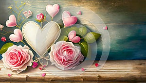 Valentine\'s Day background with pink roses and hearts on wooden background