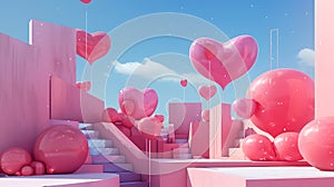 Valentine\'s Day background for a postcard, outside lots of pink balloons, lots of round shapes illustration of neo-brutalism