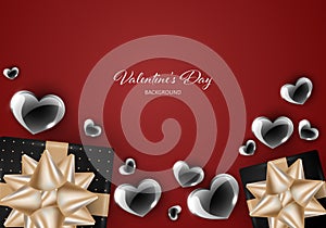 Valentine`s Day background of realistic black gift boxes with gold ribbon and shinning black hearts on red background.
