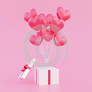 Valentine\'s day background, red 3d heart shaped balloons bouquet floating out of opened gift box