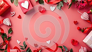 Valentine\'s day background with red gift box, hearts and flowers