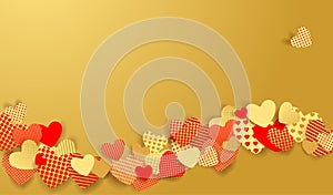 Valentine`s Day background. Red and gold paper hearts