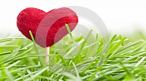 Valentine\'s day background with red heart on green grass.