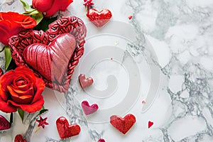 Valentine\'s day background with red heart and rosele table