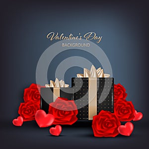 Valentine`s Day background of red heart, red roses and black gift box on black background with copy space.