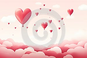 Valentine\'s Day background with red heart-shaped balloons flying in the sky. Generative AI