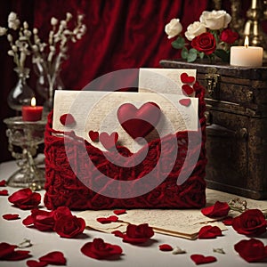 Valentine\'s day background with red hearts, candles and old book