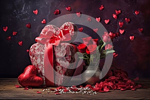 Valentine's day background with red hearts and gift box.