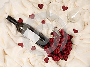 Valentine's Day background with red hearts, red roses wine bottle on red, white and black background