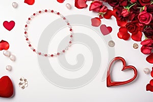 Valentine\'s day background with red hearts, roses and jewelry on white