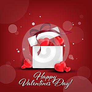Valentine`s day background with red hearts in white gift box with red ribbon and on the floor around box and Happy Valentine`s Day