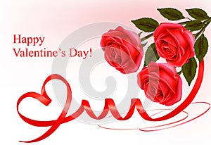 Valentine`s day background. Red rose with ribbons