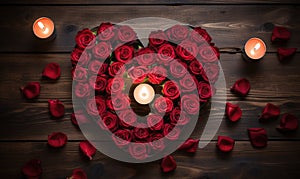 Valentine's Day background with red roses and candles on wooden table