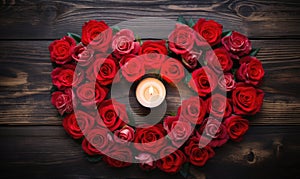 Valentine's Day background with red roses and candles on wooden table