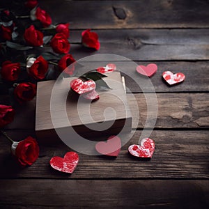 Valentine's day background with red roses and gift box on wooden table. Generative AI