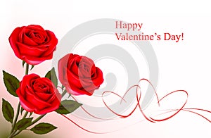 Valentine`s day background. Red roses with gift red bow.