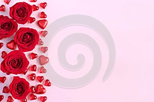 Valentine`s Day background with red roses and heart shaped candies.