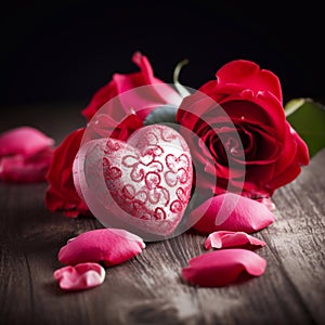 Valentine's Day background with red roses and heart on wooden table