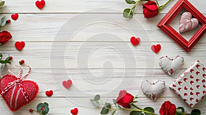 Valentine\'s day background with red roses, red hearts, gift box and frame