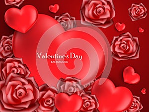 Valentine`s Day background of red roses and red hearts with your copy space on red background.