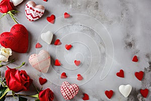 Valentine\'s day background with red and white hearts and roses