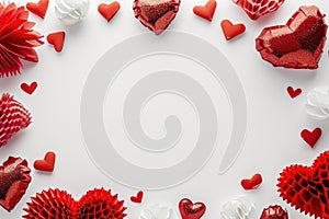Valentine\'s day background with red and white paper hearts on white