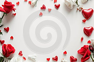 Valentine\'s day background with red and white roses and red hearts on white background