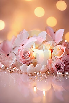 Valentine\'s day background with rose flowers and burning candles, romantic backdrop, vertical luxury glamour weddin