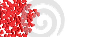 Valentine's Day background. scattering of red silk hearts on a white background