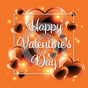 Valentine`s Day background of shinning hearts around Happy Valentine`s Day text with glittering and white frame.