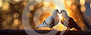 Valentine's Day background, two pigeons create a heart against the sunset, a metaphor for love and connection, their