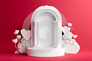 Valentine's Day background with white arch and hearts. Generative AI
