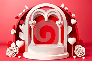 Valentine's Day background with white arch and hearts. Generative AI