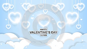 Valentine`s day background. White lanterns hearts, Clouds, and heart shape bokeh isolated on light blue background. Symbol of love