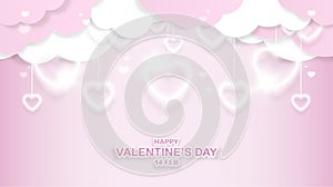 Valentine`s day background. White lanterns hearts, Clouds, and heart shape bokeh isolated on light pink background. Symbol of love