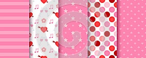 Valentine's day backgrounds. Seamless pattern. Textures with hearts, stripes, circles. Pink red prints