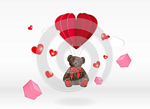 Valentine's Day banner or card. Cute teddy bear toy flying in a hot air balloon with floating gift boxes and