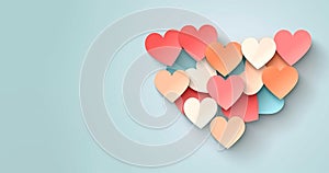 Valentine\'s Day banner of colorful paper hearts over light blue background.